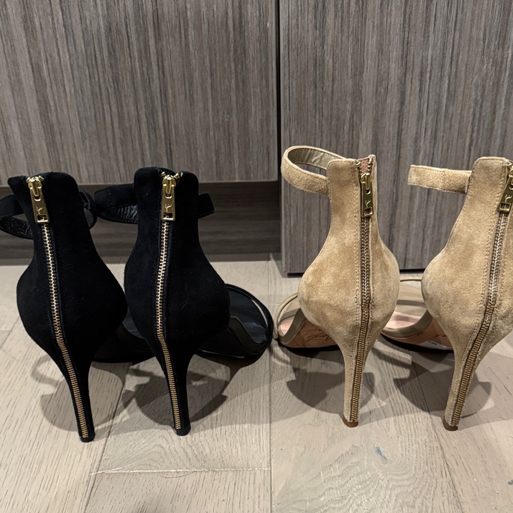Joie Suede Ankle-Strap Stiletto Heels in Black & Tan